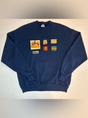 Jerzees VTG Navy Blue Sweatshirt Embroidered Patchwork Cats Kittens Size XL